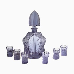 Art Deco Crystal Glass Carafe with 6 Glasses in the Style of R. Lalique, 1930s, Set of 7