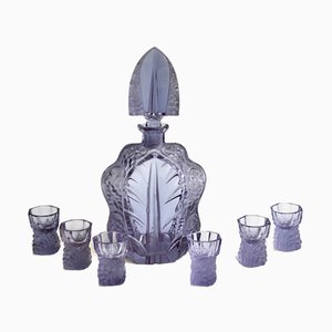 Art Deco Kristallglas Karaffe mit 6 Gläsern im Stil von R. Lalique, 1930er, 7er Set