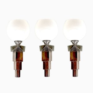 Art Deco Style Chrome and Glass Wall Lamps, 1940, Set of 3