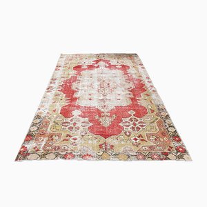 Tappeto Oushak vintage fatto a mano in lana rossa e beige