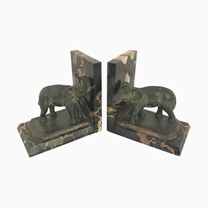 Art Nouveau Marble Bookends with Bronze Elephants by Marionnet, France, 1900s, Set of 2