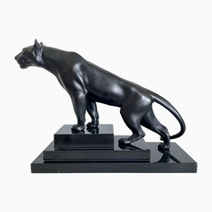 Jungle Original Max Le Verrier Black Panther Skulptur in Spelter auf gestuftem Marmorsockel