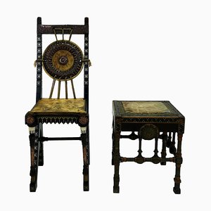 Small Art Nouveau Italian Chair and Stool from Carlo Bugatti, Set of 2