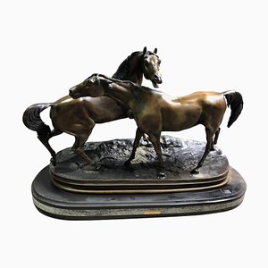 Miniature French Patinated Bronze Figure of Two Horses by P. J. Mene