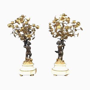 19th Century French Cast Bronze Putti Candelabras, Set of 2