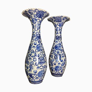 Large Japanese Decorative Blue and White Porcelain Vases, Set of 2