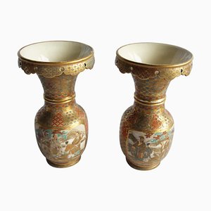19th Century Japanese Meiji Period Satsuma Ceramic Vases with Geometric Design, Set of 2