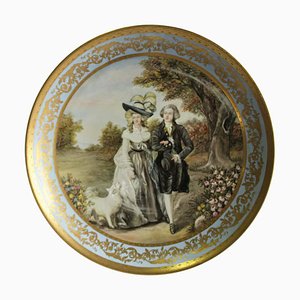 Piatto o placca da parete grande viennese in porcellana raffigurante una signora e un gentiluomo