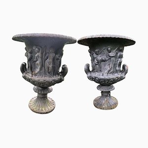 19th Century Weathered Cast Iron Urns, Set of 2