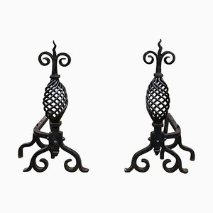 19th Century Gothic Wrought Iron Fireplace Andirons, Set of 2