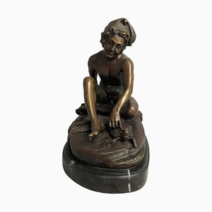 Bronze Statue of Nude Man and Turtle on Marble Base, 20th Century