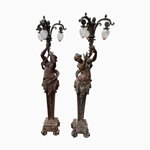 Large Bronze Torchère Figurative Lamps, 1920s, Set of 2