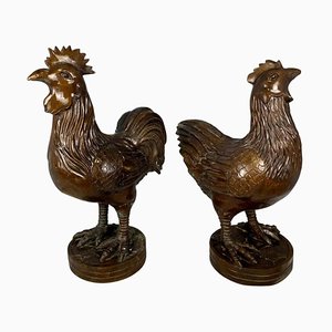 Gallina y gallo oriental de bronce, siglo XX. Juego de 2