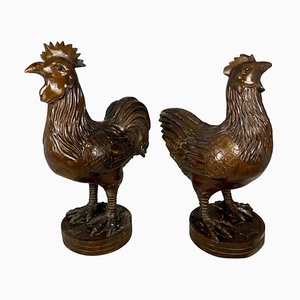 Orientalische Henne und Hahn aus Bronze, 20. Jh., 2er Set