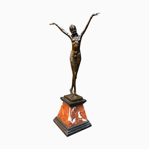 Ballerina in stile Art Déco in bronzo con base in marmo di JB Deposee