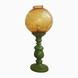 Lampada da tavolo grande Mid-Century in legno giallo e verde e vetro