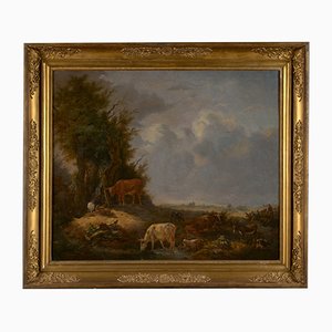 Vieh am Wasserloch, romantisches Öl auf Leinwand von Karel De San, 1838