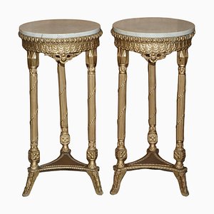 Antique Giltwood Marble Topped Jardiniere Plant Marble Stands, Set of 2