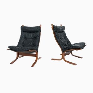 Black Leather Model Siesta High Back Armchairs by Ingmar Relling for Westnofa, 1960s, Set of 2