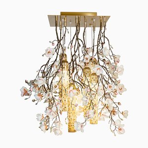 Flower Power Pink-Cream Magnolia Chandelier with 24k Gold Pipes from VGnewtrend, Italy