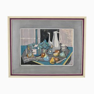 Peinture Mid-Century, Nature Morte avec Cafetière, Bouteille et Fruit sur une Table, Poulain, 1950