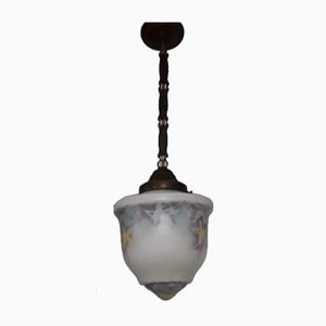 Antique Ceiling Lamp with Brass Mounting and White Glass Shade and Colored Spray Decoration, 1920s