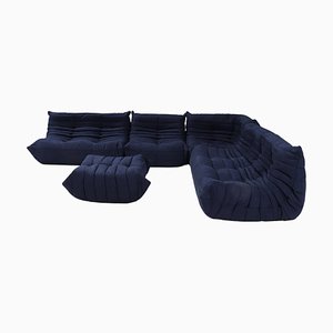Dark Blue Modular Togo Sofa & Footstool by Michel Ducaroy for Ligne Roset, Set of 5