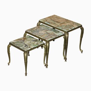 Vintage French Brass & Onyx Nesting Tables, 1940s, Set of 3