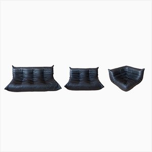 Canapé 2, 3 Places et Angle Togo en Cuir Noir par Michel Ducaroy pour Ligne Roset, Set de 3