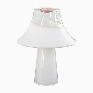 Italienische Mushroom Tischlampe aus weißem Murano Milchglas mit roten Details, 1970er