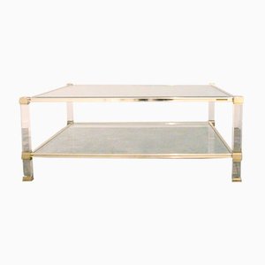 Square Two Tiered Acrylic Glass and Brass Coffee Table by Pierre Vandel, 1970s