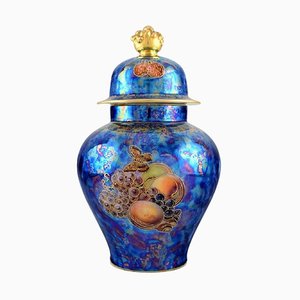 Large Lidded Jar in Blue Glazed Porcelain with Hand-Painted Fruits from Rosenthal