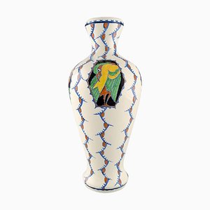 Große Art Deco Vase aus glasierter Keramik mit Vögeln von Boch Freres Keramis, Belgien
