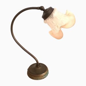 French Art Nouveau Brass and Tulip Glass Articulated Table Lamp, 1940s