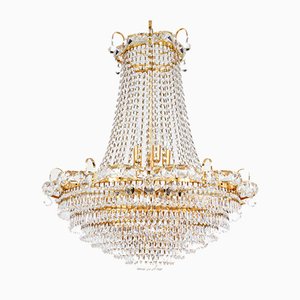 Italian Empire Style Gilt Brass, Glass & Crystal 18-Light Tent and Bag Chandelier, 1970s