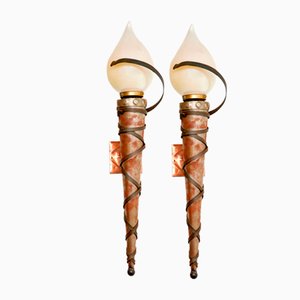 Art Deco Steel, Copper and Glass Sconces, Set of 2