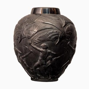 Archers Vase in Black Glass by René Lalique