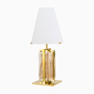 Vintage Table Lamp with Multicolor Murano Glass Block, Brass Frame and Opal Glass Shade