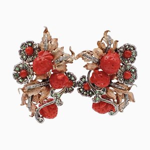 Tsavorites, Diamonds, Coral, 9 Karat Rose Gold and Silver Earrings