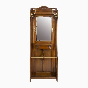 German Art Nouveau Oak Wardrobe with Brass Hooks