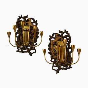 Applique in legno dorato con braccia in ottone, anni '50, set di 2