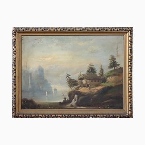 Antique Oil Painting on Canvas Depicting Lake Landscape