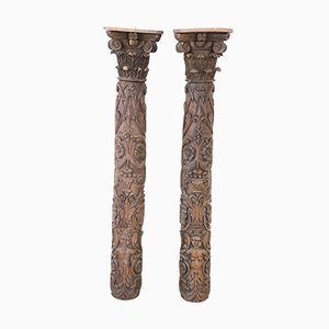 Antique Carved Walnut Columns, 1780s, Set of 2