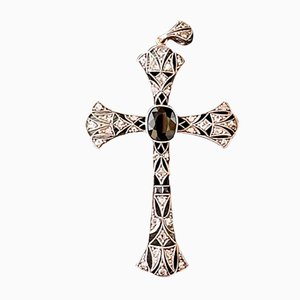 Crucifijo portugués Art Déco de diamante, zafiro y obsidiana