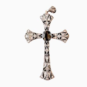 Portuguese Art Deco Crucifix in Diamond, Sapphire & Obsidian