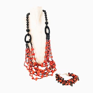 Multi-Strand Necklace & Bracelet in Sardinian Coral, Set of 2