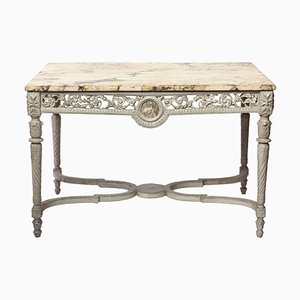 19th-Century French Ivory Painted Center Table with Marble Top