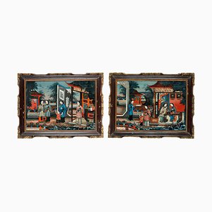 19th-Century Chinese Reverse-Painted Mirror Pictures, Set of 2