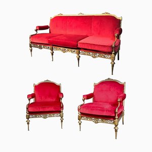 Mid-Century Italian Brass and Red Velvet Living Room Set, 1950, Set of 3
