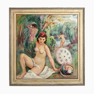 Peinture de Nu Vénitien Post-Impressionniste The Bathing Nymphs Signée Seibezzi 1940